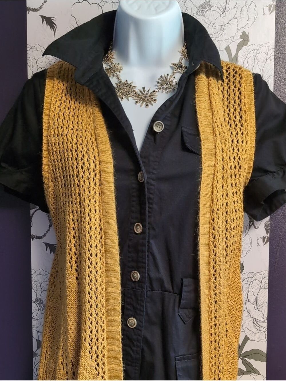 Mustard Yellow Crochet Long Vest - Open Knit Layering Piece